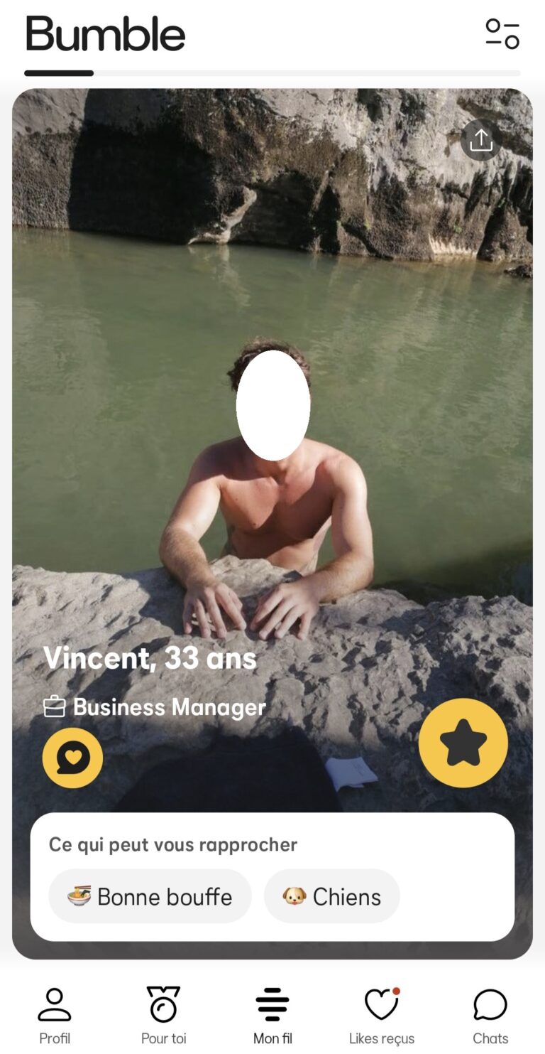L’onglet « Mon fil » de Bumble permet de balayer les profils rapidement et d’envoyer des Likes aux membres qui vous attirent