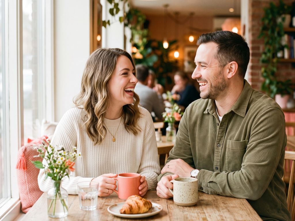 Couple souriant au café
